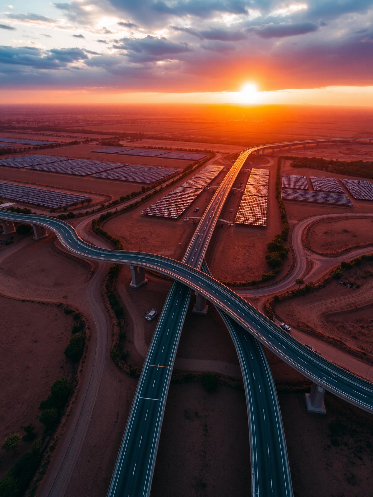 Aerial view of a modern African infrastructure and solar project at sunset